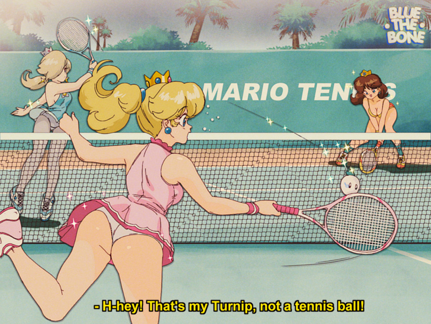 3girls ass blonde_hair bluethebone breasts brown_hair cleavage crown english_text hair_over_one_eye leaning_forward mario_(series) mario_tennis mini_crown multiple_girls open_mouth panties playing_sports ponytail princess_daisy princess_peach racket rosalina shoes sneakers sport sportswear subtitled tank_top tennis tennis_court tennis_racket tennis_uniform turnip underwear white_panties wind wind_lift