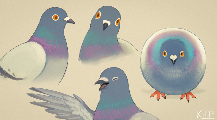 2020 ambiguous_gender avian beak bird columbid eyes_closed feathers feral grey_body grey_feathers hi_res ka92 multiple_images orange_eyes pigeon purple_body purple_feathers rock_dove simple_background solo standing tan_background wings