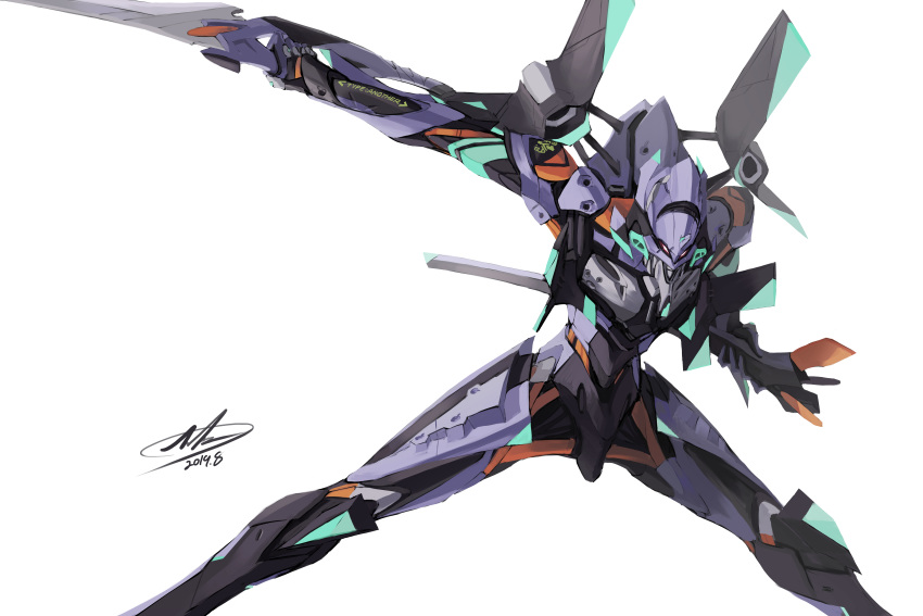 absurdres andrew_leung dated eva_01 highres holding holding_knife knife mecha neon_genesis_evangelion no_humans orange_eyes redesign signature slashing solo white_background