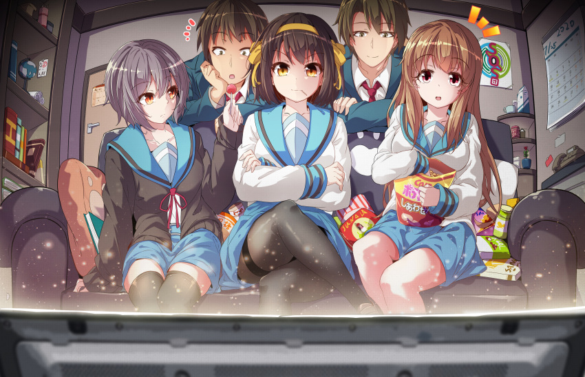 2boys 3girls 627247421 absurdres asahina_mikuru brown_eyes brown_hair candy crossed_arms food grey_eyes grey_hair highres holding holding_candy holding_food holding_lollipop koizumi_itsuki kyon lollipop long_hair multiple_boys multiple_girls nagato_yuki orange_hair school_uniform serafuku short_hair sitting suzumiya_haruhi suzumiya_haruhi_no_yuuutsu watching_television