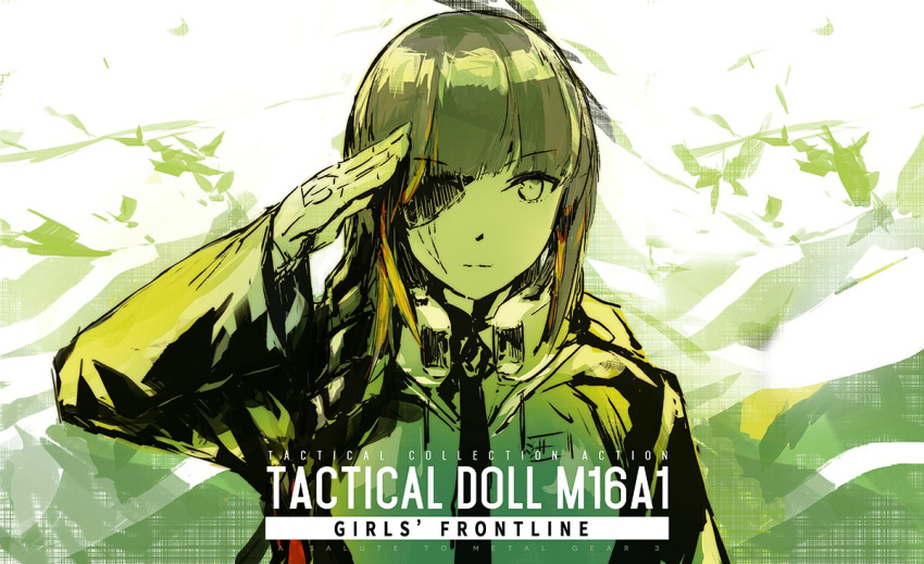 1girl bangs braid closed_mouth commentary_request english_text expressionless eyebrows_visible_through_hair eyepatch girls_frontline headphones headphones_around_neck jacket long_hair long_sleeves looking_at_viewer m16a1_(girls_frontline) metal_gear_(series) multicolored_hair necktie orange_hair parody salute scar scar_across_eye solo streaked_hair upper_body xanax025