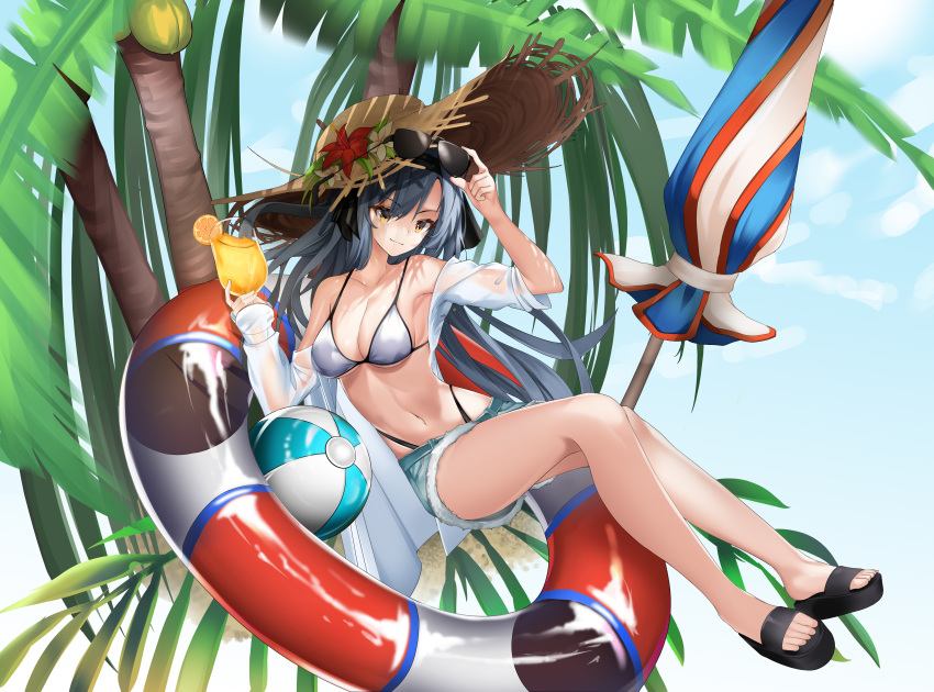 1girl absurdres adjusting_eyewear ball beach beach_umbrella beachball bikini bikini_top black_hair breasts character_request cleavage coconut_tree copyright_request drink eyewear_on_head feet food fruit hat highres holding holding_drink long_hair medium_breasts nevin_(flyskying) orange orange_slice palm_tree parasol sandals short_shorts shorts sitting smile straw_hat swimsuit toes tree tube umbrella yellow_eyes