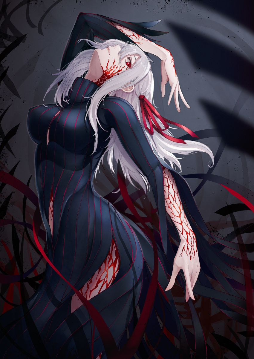 1girl absurdres bangs black_dress breasts dark_sakura dress fate/stay_night fate_(series) hair_ribbon highres long_hair looking_at_viewer marumoru matou_sakura red_eyes red_ribbon ribbon tattoo white_hair