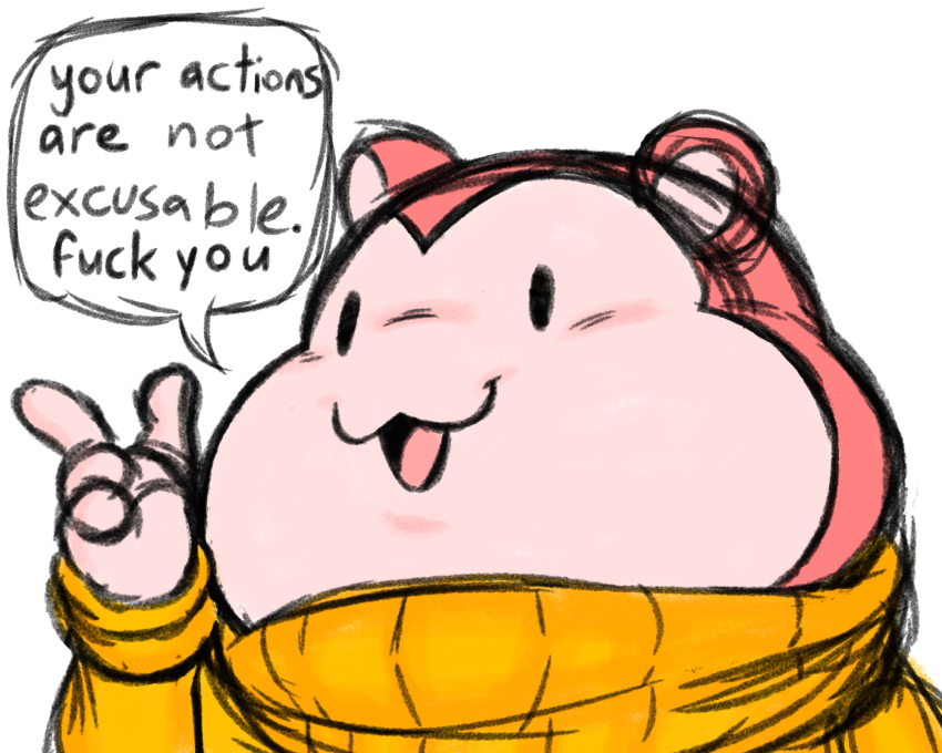 4_fingers 5:4 angry anthro clothing cricetid english_text filthyopossum fingers fur hamster hi_res male mammal peepoodo pink_body pink_fur profanity reaction_image rodent simple_background sketchy smile solo speech_bubble super_fuck_friends sweater text topwear turtleneck white_background