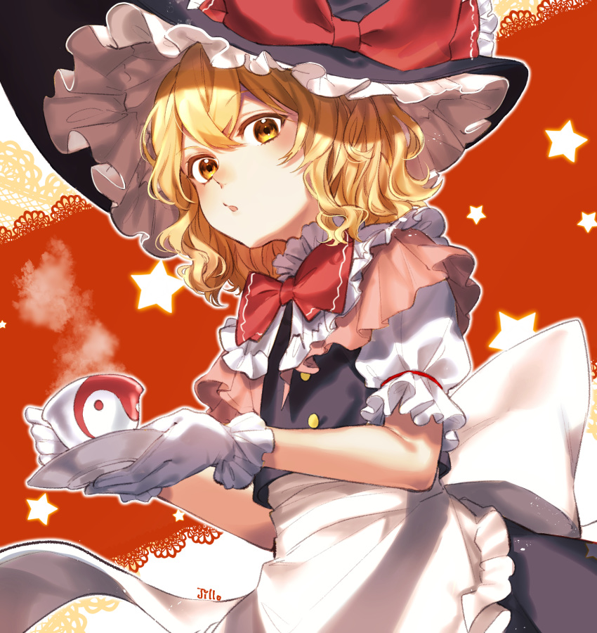 1girl :o adapted_costume apron black_skirt black_vest blonde_hair blush bow bowtie buttons capelet cup dutch_angle eyebrows_visible_through_hair frilled_apron frilled_bow frilled_gloves frilled_hat frilled_shirt_collar frilled_sleeves frills from_below gloves hat hat_bow highres holding holding_cup holding_plate jill_07km kirisame_marisa lace_background looking_at_viewer open_mouth plate popped_collar puffy_short_sleeves puffy_sleeves red_background red_bow red_neckwear sash shirt short_hair short_sleeves signature skirt skirt_set solo star_(symbol) steam teacup touhou undershirt vest waist_apron wavy_hair white_apron white_background white_bow white_gloves white_sash white_shirt witch_hat yellow_eyes yin_yang_print