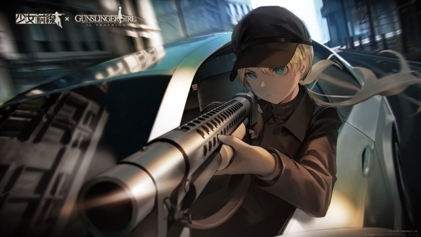 1girl absurdres artist_request bangs black_headwear blonde_hair blue_eyes blurry blurry_background car closed_mouth copyright_name dark_skin depth_of_field expressionless floating_hair girls_frontline ground_vehicle gun gunslinger_girl hat highres holding holding_weapon jacket long_hair long_sleeves looking_at_viewer motion_blur motor_vehicle official_art outdoors ponytail shotgun solo tagme triela twintails upper_body weapon winchester_model_1897