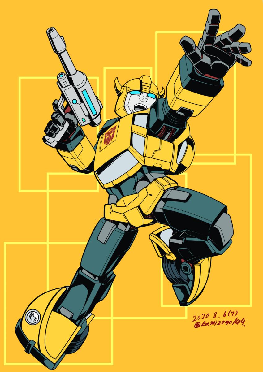 1boy autobot bumblebee dated gun highres holding holding_gun holding_weapon horns insignia kamizono_(spookyhouse) no_humans open_hand open_mouth solo transformers weapon yellow_background