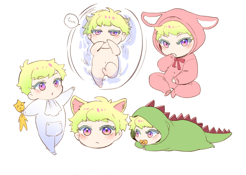1boy animal_costume animal_ears baby bhh4321 blush bunny_costume cat_ears cosplay costume dinosaur_costume dinosaur_tail doll eyebrows_visible_through_hair green_hair kigurumi lio_fotia navel nude onesie pacifier promare purple_eyes simple_background solo tail white_background younger