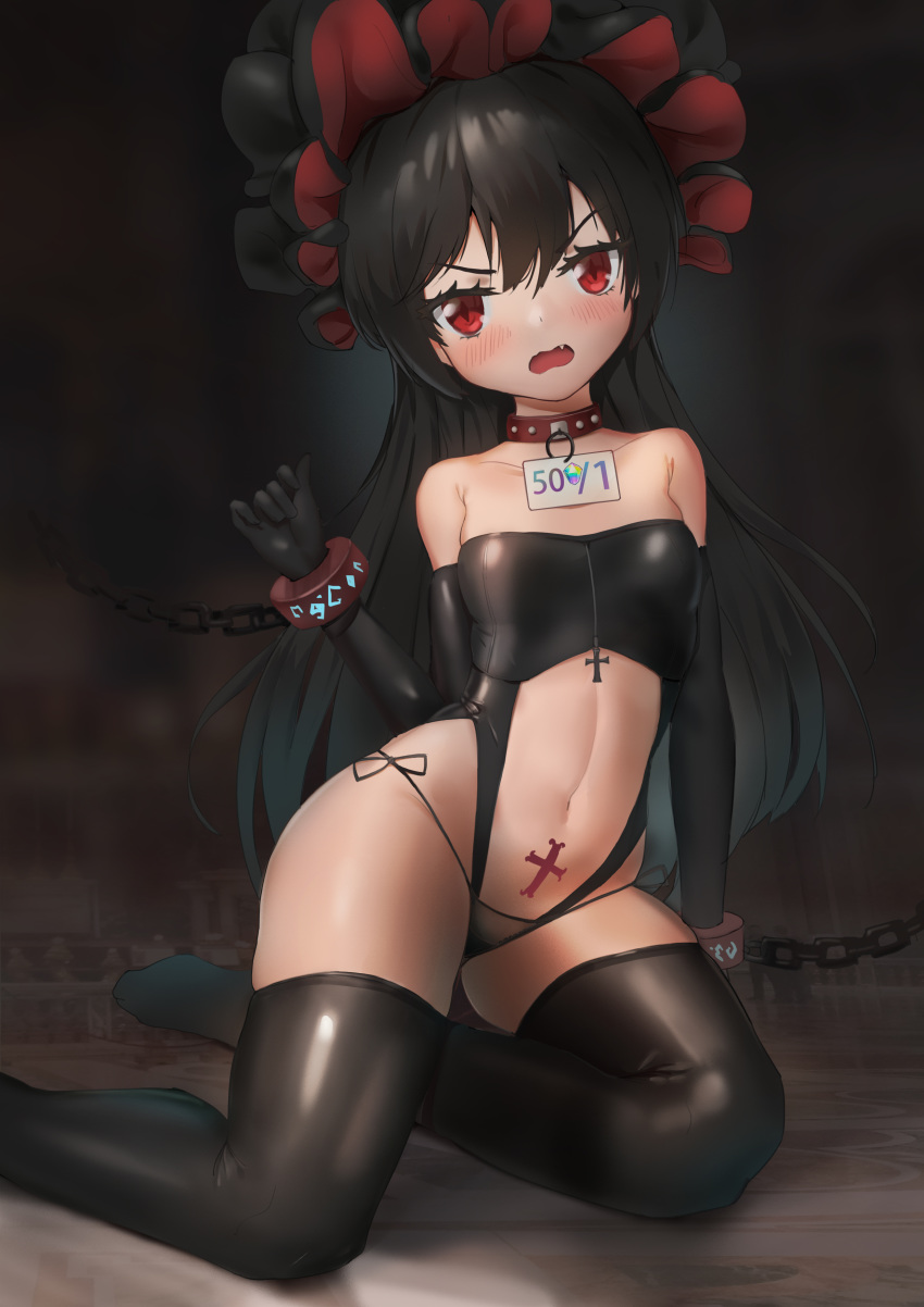 1girl absurdres bare_shoulders black_gloves black_hair black_legwear black_leotard breasts collar collarbone cuffs darcy_(pixiv11949485) elbow_gloves fang gloves handcuffs headdress highres ilya_(princess_connect!) latex latex_gloves latex_legwear leotard long_hair looking_at_viewer navel open_mouth princess_connect! princess_connect!_re:dive red_eyes restrained small_breasts solo stomach stomach_cutout stomach_tattoo strapless strapless_leotard tattoo thighhighs thighs v-shaped_eyebrows