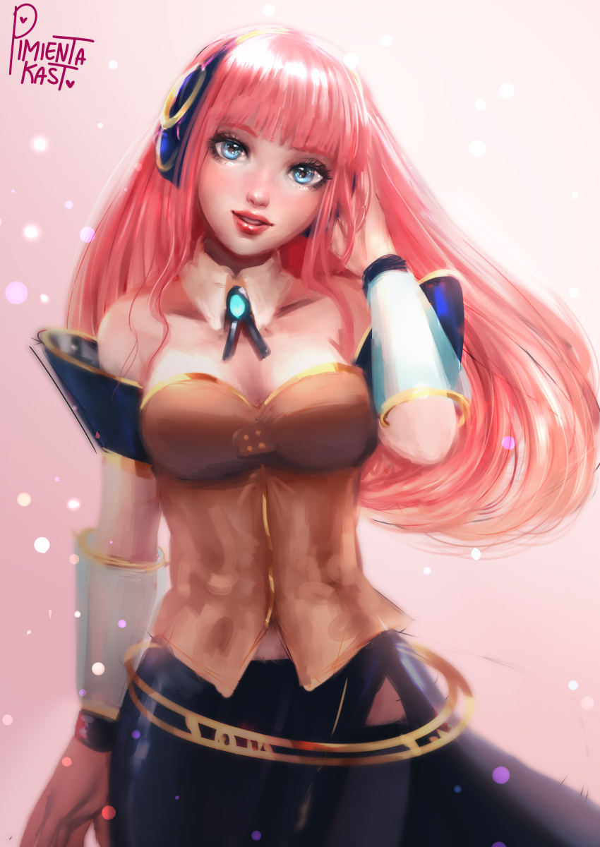 1girl absurdres artist_name bare_shoulders bloom blue_eyes breasts cleavage collarbone detached_collar detached_sleeves eyelashes eyeshadow hair_tucking headphones headset highres lips lipstick long_hair looking_at_viewer makeup megurine_luka megurine_luka_(vocaloid4) pimienta_kast pink_background pink_hair realistic signature solo v4x vocaloid