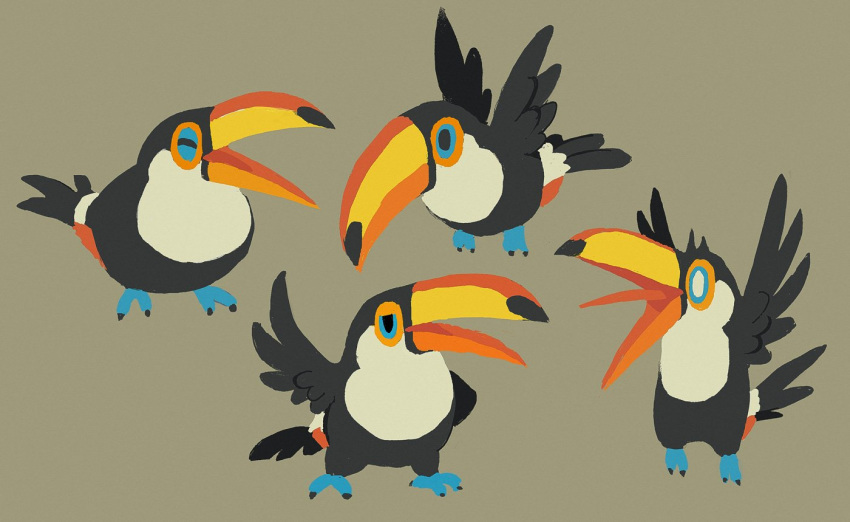 2019 ambiguous_gender avian beak bird black_body black_feathers brown_background eyes_closed feathers feral flying ka92 multiple_images multiple_poses open_mouth orange_beak pose ramphastos simple_background solo toco_toucan toucan white_body white_feathers wings