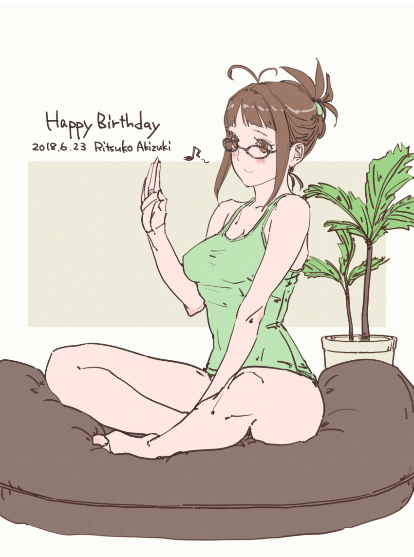 1girl akizuki_ritsuko antenna_hair blush breasts brown_eyes brown_hair character_name closed_mouth dated english_text glasses hand_up happy_birthday highres idolmaster musical_note ooeyama_ken short_hair smile solo