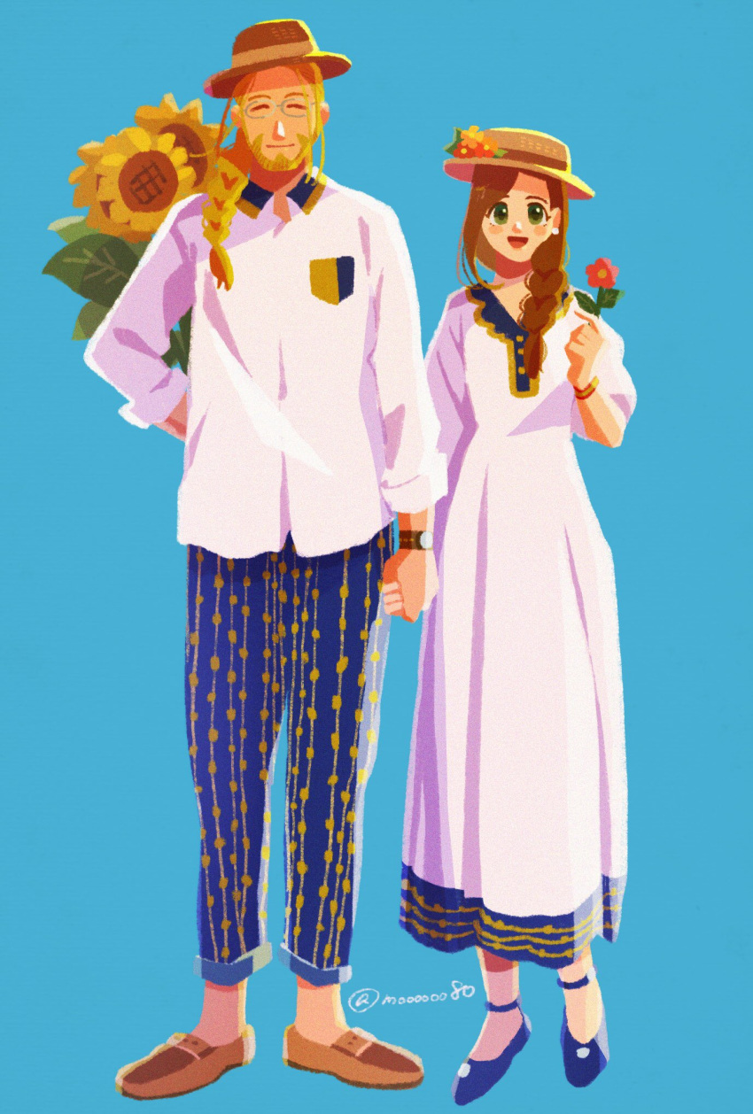 1boy 1girl :d ^_^ alternate_costume alternate_hairstyle ankle_strap arm_behind_back beard blonde_hair blue_background blue_footwear blue_pants blush blush_stickers bouquet bracelet braid brown_footwear brown_hair closed_eyes closed_mouth collared_shirt couple dress dress_shirt earrings facial_hair flower full_body fullmetal_alchemist glasses green_eyes grey-framed_eyewear gumiko_(monaka) happy hat hat_flower height_difference hetero highres holding holding_bouquet holding_flower holding_hands jewelry leaf long_dress looking_at_viewer open_mouth orange_flower oxfords pants pink_flower puffy_sleeves red_flower shadow shirt shoes side-by-side side_braid simple_background smile standing straw_hat striped striped_pants sunflower trisha_elric twitter_username van_hohenheim watch white_dress white_shirt wristwatch yellow_flower