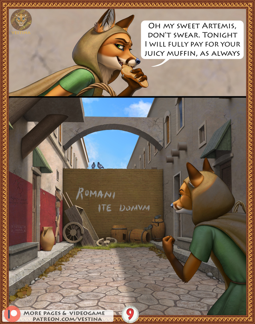 ancient ancient_furry_art ancient_rome anthro avian barrel bird broken canid canine cart clothing columbid comic comic_page comic_panel cookie detailed_background english_text food fox fur furry_rome graffiti hi_res jug male mammal murid murine orange_body orange_fur pigeon rat rodent roman rome solo street teeth text thief tunic url vestina window