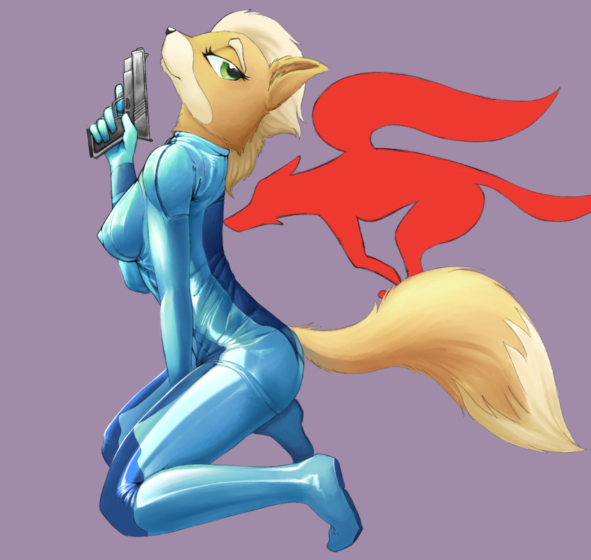 absurd_res anthro crossgender female fox_mccloud graboiidz hi_res metroid nintendo simple_background solo star_fox video_games zero_suit