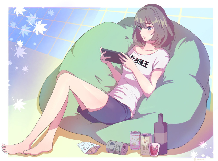 1girl bangs barefoot blue_eyes blue_shorts brown_hair collarbone eyebrows_visible_through_hair full_body green_eyes hair_between_eyes highres idolmaster idolmaster_cinderella_girls medium_hair nyome991 off-shoulder_shirt off_shoulder parted_lips playing print_shirt shiny shiny_hair shirt short_shorts short_sleeves shorts sitting solo takagaki_kaede white_shirt