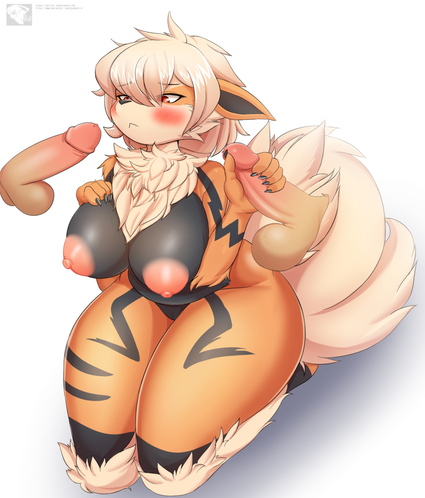 absurd_res anthro arcanine blush breasts canid canine disembodied_penis erection female fur genitals hi_res human kyodashiro male mammal nintendo nude penis pok&eacute;mon pok&eacute;mon_(species) video_games