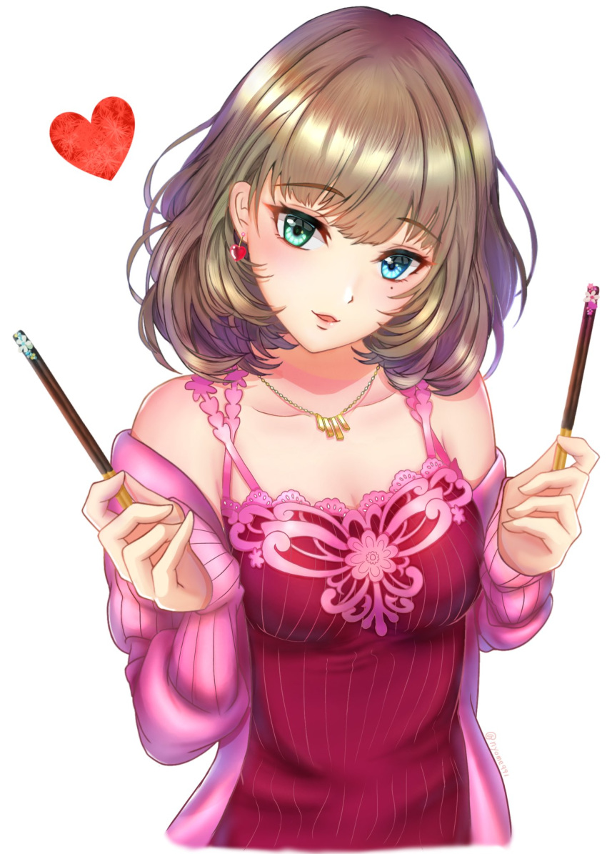 1girl animal_ears bangs blue_eyes blunt_bangs breasts brown_hair cardigan cat_cutout cat_ears cat_lingerie cat_tail choker cinderella_bust cleavage cleavage_cutout collarbone earrings eyebrows_visible_through_hair green_eyes green_hair head_tilt heart highres idolmaster idolmaster_cinderella_girls jewelry long_hair long_sleeves medium_breasts medium_hair meme_attire mole mole_under_eye necklace nyome991 off_shoulder open_cardigan open_clothes open_mouth pink_cardigan red_ribbon red_shirt ribbon ribbon_choker shiny shiny_hair shirt simple_background sleeveless sleeveless_shirt small_breasts solo tail takagaki_kaede upper_body white_background