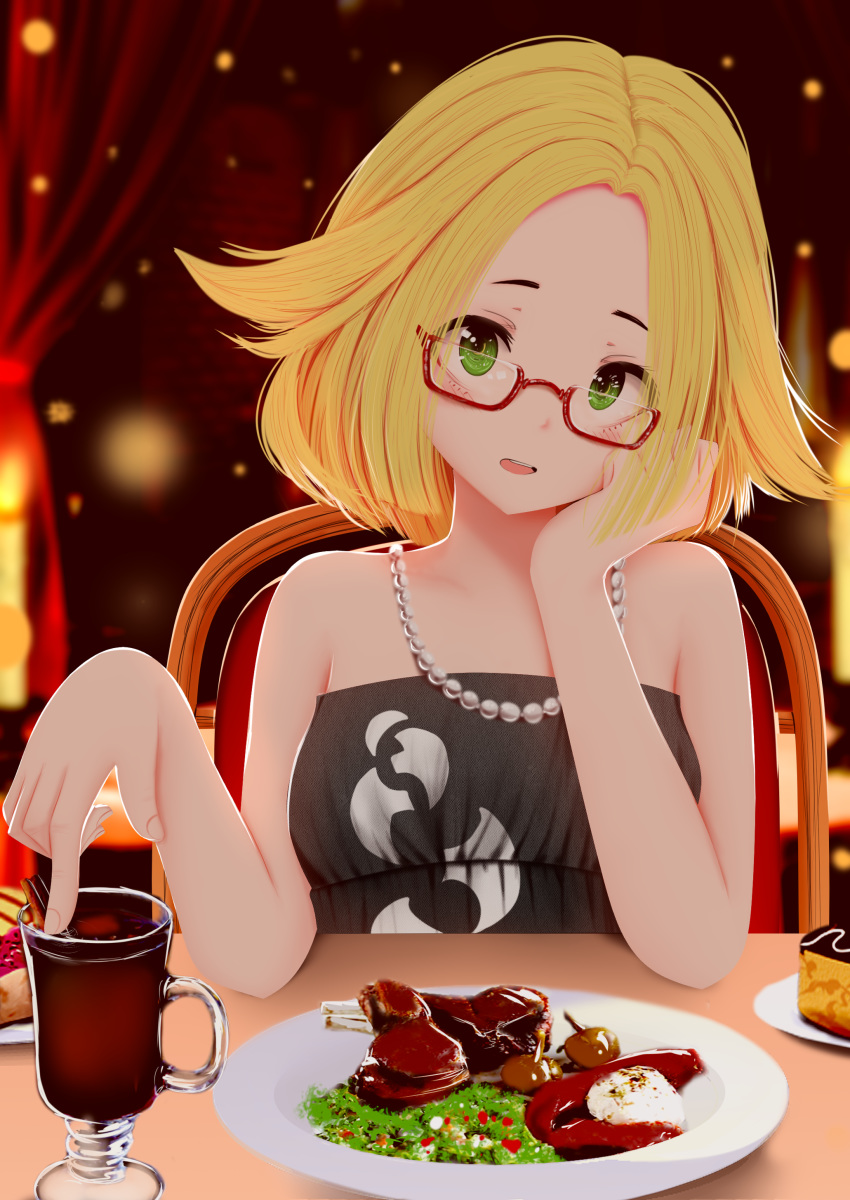 1girl absurdres bangs bare_arms bare_shoulders bel_(pokemon) black_dress blonde_hair blurry blurry_background blush breasts chair chin_rest commentary commission curtains dress elbows_on_table english_commentary food glass glasses green_eyes highres jewelry kirimatsu medium_hair necklace on_chair open_mouth parted_bangs pearl_necklace plate pokemon pokemon_(game) pokemon_bw2 pov_across_table pov_dating red-framed_eyewear semi-rimless_eyewear sitting small_breasts solo strapless strapless_dress table under-rim_eyewear upper_teeth