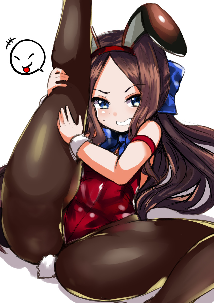 1girl absurdres animal_ears ass bangs bare_shoulders blue_bow blue_eyes blush bow breasts brown_hair bunny_ears bunny_tail bunnysuit detached_collar fake_animal_ears fate/grand_order fate_(series) forehead grin hair_bow highres leg_up leonardo_da_vinci_(fate/grand_order) leonardo_da_vinci_(rider)_(fate) leotard long_hair looking_at_viewer parted_bangs red_leotard senbon_tsuki small_breasts smile spread_legs strapless strapless_leotard tail thighs wrist_cuffs