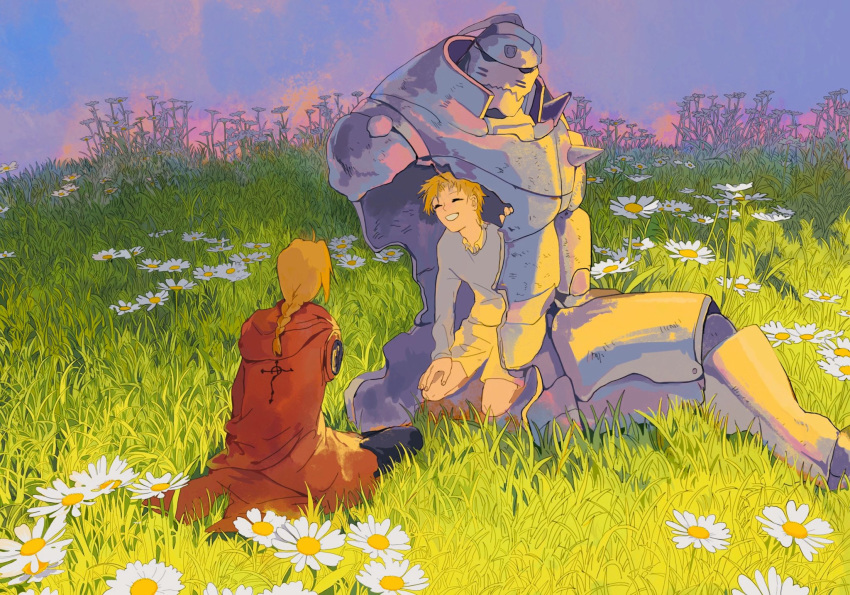 2boys :d ^_^ ahoge alphonse_elric amputee arm_at_side arm_support armor black_pants blonde_hair blue_sky braid broken brothers clenched_teeth closed_eyes coat collared_shirt commentary_request daisy edward_elric facing_away facing_viewer field fingernails flamel_symbol flower flower_field full_armor fullmetal_alchemist gradient gradient_sky grass grey_sweater hand_on_own_knee happy highres hood hood_down hooded_coat male_focus messy_hair multiple_boys open_mouth outdoors pants parted_lips pink_sky plant purple_sky red_coat red_sky seiza shirt shorts siblings sitting sky smile sun sunlight sunset sweater teeth time_paradox white_flower wide_shot ye_(ran_chiiipye)