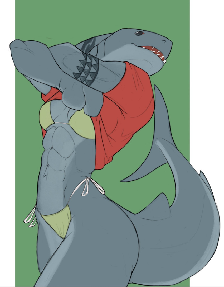 abs anthro bikini breasts clothed clothing clothing_lift f_draws female fish hi_res marine muscular muscular_anthro muscular_female non-mammal_breasts shark shirt shirt_lift side-tie_bikini solo swimwear topwear undressing