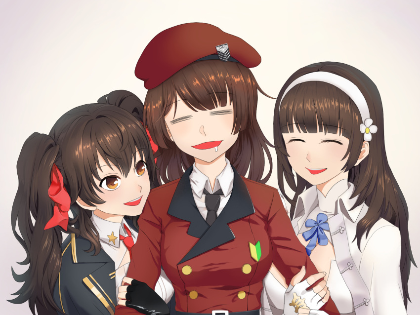 3girls artist_request beret black_hair chinese_commentary closed_eyes coat commentary_request drooling female_commander_(girls_frontline) fingerless_gloves girl_sandwich girls_frontline gloves hair_ribbon hairband hat highres long_hair multiple_girls necktie qbz-95_(girls_frontline) qbz-97_(girls_frontline) ribbon sandwiched twintails yuri