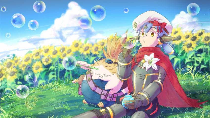 android blue_sky bubble bubble_blowing cape cloud day flower goggles goggles_on_head hana_js hat joints meadow nopon outdoors purple_hair red_cape robot_joints short_hair sitting sky sunflower tora_(xenoblade) twintails white_flower xenoblade_(series) xenoblade_2 yellow_eyes yumiyoiyoi