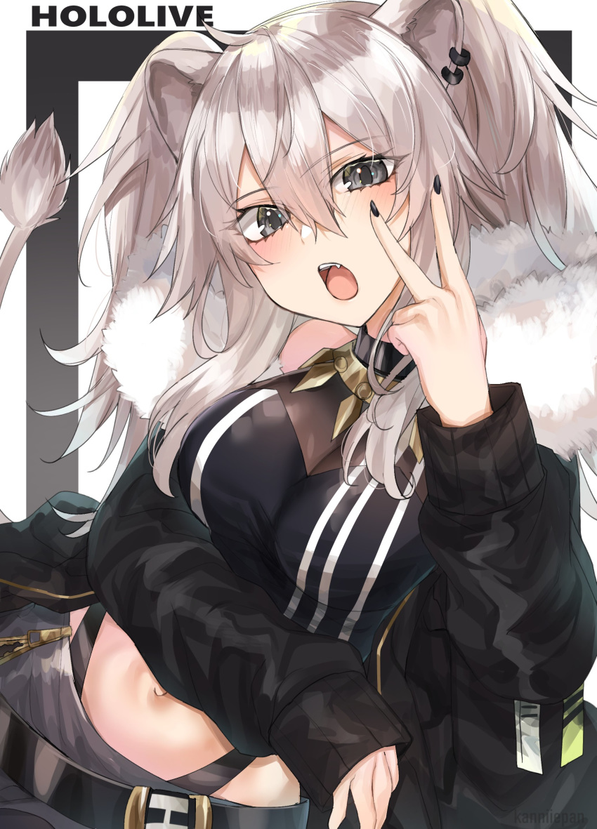 1girl absurdres ahoge animal_ears bare_shoulders belt black_jacket black_nails blush breasts cleavage copyright_name earrings eyebrows_visible_through_hair fang fur-trimmed_jacket fur_trim grey_eyes grey_hair hair_between_eyes highres hololive jacket jewelry kanniepan large_breasts lion_ears lion_tail long_hair looking_at_viewer midriff nail_polish navel necklace off-shoulder_jacket open_mouth shishiro_botan solo tail upper_body v virtual_youtuber