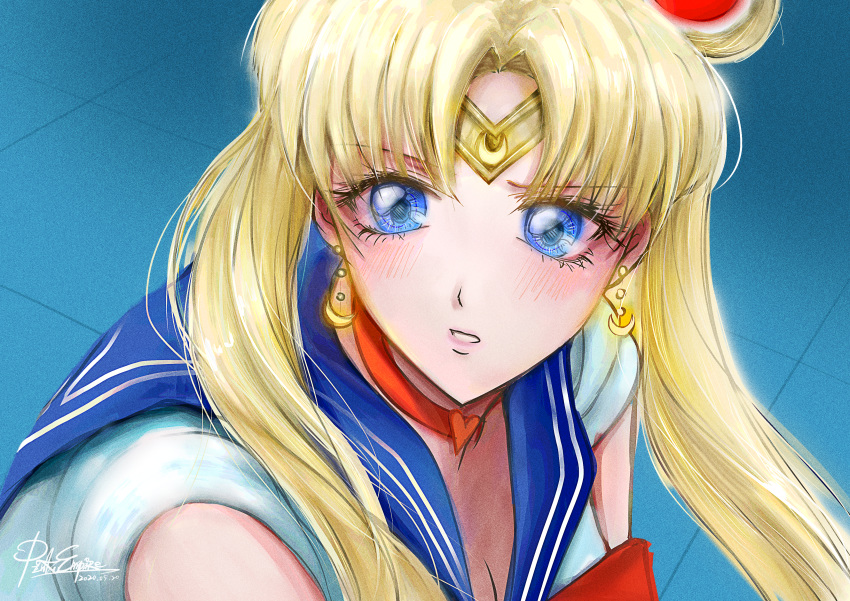 1girl absurdres bishoujo_senshi_sailor_moon blonde_hair blue_eyes blue_sailor_collar blush breasts choker circlet cleavage crescent crescent_earrings earrings floating_hair hair_bun hair_intakes heart heart_choker highres huge_filesize jewelry long_hair looking_at_viewer pinkuempire red_choker sailor_collar sailor_moon sailor_moon_redraw_challenge sailor_senshi_uniform small_breasts solo upper_body very_long_hair