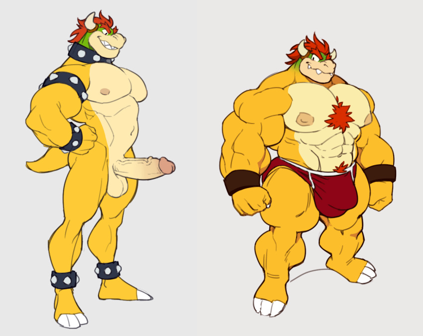 abs analon_(artist) anthro balls big_arms body_hair bowser briefs chest_hair clothed clothing croconut genitals grey_background hair humanoid_genitalia humanoid_penis koopa looking_at_viewer male mario_bros muscular muscular_anthro muscular_male navel nintendo partially_clothed penis pubes red_hair scalie simple_background solo topless underwear video_games