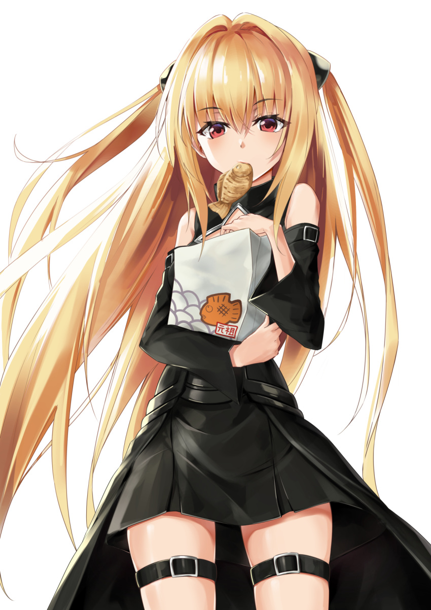 1girl bangs bitterpain black_dress black_sleeves blonde_hair cowboy_shot detached_sleeves dress eyebrows_visible_through_hair floating_hair hair_between_eyes hair_intakes highres holding konjiki_no_yami long_hair long_sleeves looking_at_viewer mouth_hold pleated_dress red_eyes shiny shiny_hair short_dress solo standing to_love-ru very_long_hair