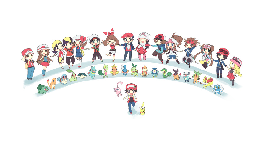 6+boys 6+girls :d absurdres bag bangs baseball_cap beanie black_legwear blue_(pokemon) blue_pants blue_shorts boots bulbasaur buttons calme_(pokemon) charmander chespin chibi chikorita chimchar closed_mouth coat commentary_request crystal_(pokemon) cyndaquil double_bun eyewear_on_headwear fennekin froakie gen_1_pokemon gen_2_pokemon gen_3_pokemon gen_4_pokemon gen_5_pokemon gen_6_pokemon gold_(pokemon) hair_ornament haruka_(pokemon) hat hat_ribbon high_ponytail highres hikari_(pokemon) holding_hands jacket kokoroko kotone_(pokemon) kouki_(pokemon) kyouhei_(pokemon) leg_up long_hair mei_(pokemon) mew mudkip multiple_boys multiple_girls mythical_pokemon open_mouth oshawott overalls pants pantyhose pikachu pink_footwear pink_headwear piplup pleated_skirt pokemon pokemon_(game) pokemon_bw pokemon_bw2 pokemon_dppt pokemon_frlg pokemon_gsc pokemon_hgss pokemon_oras pokemon_platinum pokemon_rgby pokemon_xy red_(pokemon) red_coat red_skirt ribbon scarf serena_(pokemon) shorts shoulder_bag skirt smile snivy squirtle starter_pokemon starter_pokemon_trio sunglasses tank_top tepig torchic totodile touko_(pokemon) touya_(pokemon) treecko turtwig twintails very_long_hair visor_cap white_background white_headwear white_scarf winter_clothes yellow_shorts yuuki_(pokemon)