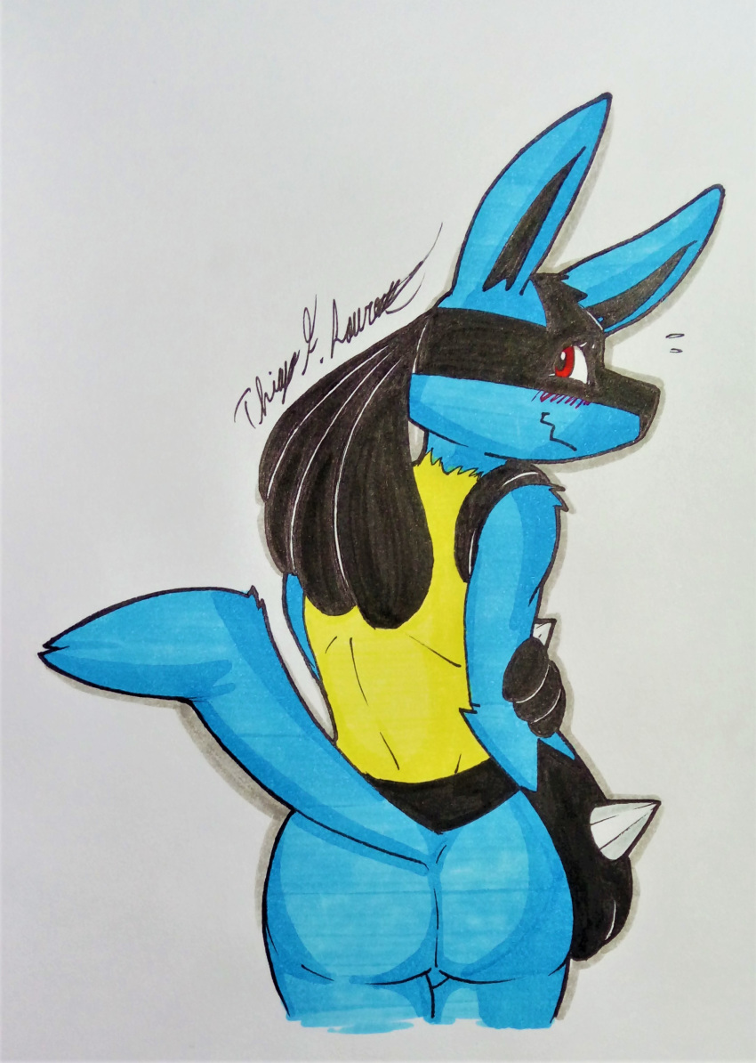 absurd_res anthro balls blue_body blue_fur blush butt canid canine canis fur genitals hi_res jackal lucario male mammal nintendo pok&eacute;mon pok&eacute;mon_(species) red_eyes rotten_owl solo spikes traditional_media_(artwork) video_games