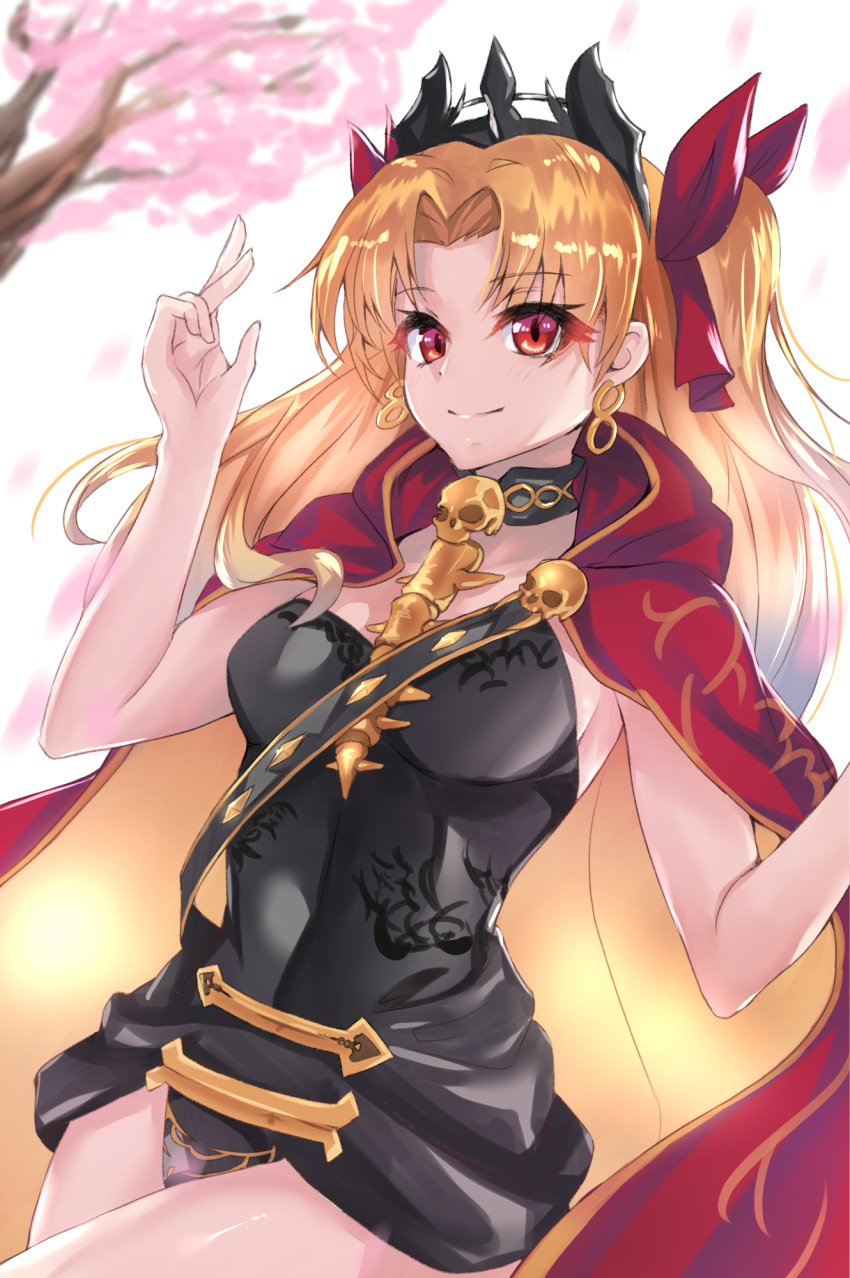 1girl bangs black_leotard blonde_hair breasts cape closed_mouth covered_navel earrings ereshkigal_(fate/grand_order) fate/grand_order fate_(series) gold_trim highres hoop_earrings infinity jewelry leotard long_hair looking_at_viewer medium_breasts multicolored multicolored_cape multicolored_clothes parted_bangs red_cape red_eyes skull smile spine tiara two_side_up yahan_(mctr5253) yellow_cape