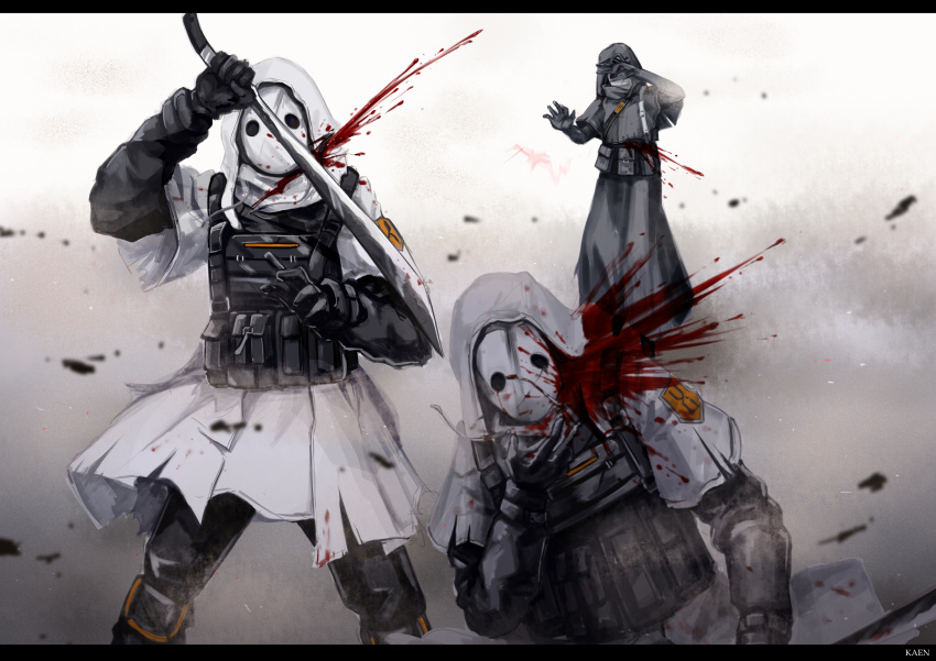 3others absurdres arknights blood commentary_request highres holding holding_sword holding_weapon hood hooded_jacket jacket letterboxed multiple_others reunion_soldier_(arknights) shenyehuoyuan sword weapon white_jacket