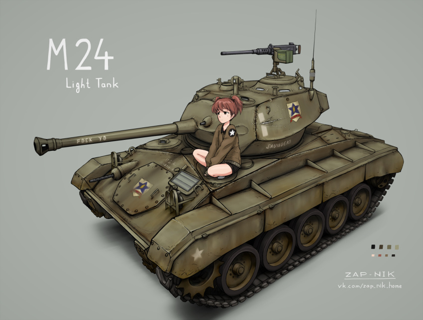 1girl alisa_(girls_und_panzer) brown_hair caterpillar_tracks emblem girls_und_panzer ground_vehicle gun m24_chaffee machine_gun military military_vehicle motor_vehicle saunders_(emblem) saunders_military_uniform tank twintails weapon zap-nik