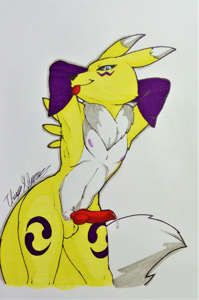 absurd_res animal_genitalia animal_penis anthro black_sclera canid canine canine_penis digimon digimon_(species) fox fur genitals girly hi_res knot male mammal penis renamon rotten_owl solo traditional_media_(artwork) yellow_body yellow_fur