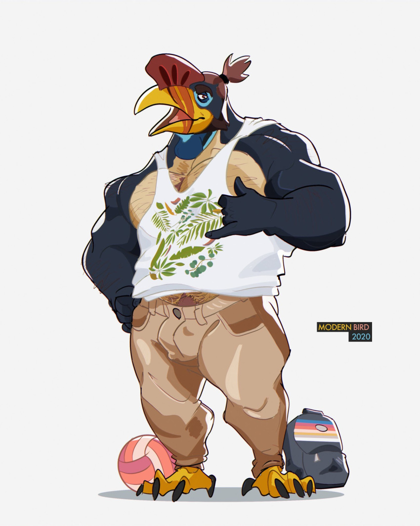 anthro avian backpack ball beach_ball bird body_hair bucerotiform clothing facial_hair hand_on_hip hand_sign happy_trail hi_res hornbill khakis male modern_bird muscular muscular_anthro muscular_male shirt slightly_chubby solo talons tank_top topwear