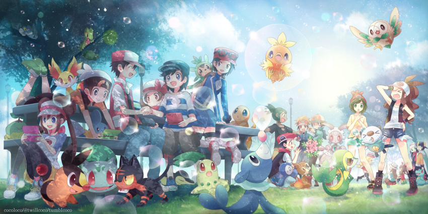 6+boys 6+girls :d bangs baseball_cap beanie black_hair black_legwear black_pants black_vest blonde_hair blue_(pokemon) blush brown_hair bubble bulbasaur calme_(pokemon) charmander chespin chikorita chimchar closed_mouth cloud commentary_request cyndaquil day double_bun eyewear_on_headwear facepalm fennekin froakie gen_1_pokemon gen_2_pokemon gen_3_pokemon gen_4_pokemon gen_5_pokemon gen_6_pokemon gen_7_pokemon gold_(pokemon) grass green_hair handheld_game_console hands_up handshake haruka_(pokemon) hat hau_(pokemon) high_ponytail hikari_(pokemon) holding holding_handheld_game_console jacket kokoroko kotone_(pokemon) kouki_(pokemon) kyouhei_(pokemon) lamppost legs_apart litten looking_down looking_to_the_side lying magearna mei_(pokemon) mizuki_(pokemon) multiple_boys multiple_girls mythical_pokemon on_stomach open_mouth oshawott outdoors pants pantyhose pigeon-toed piplup pokemon pokemon_(creature) pokemon_(game) pokemon_bw pokemon_bw2 pokemon_dppt pokemon_gsc pokemon_hgss pokemon_on_back pokemon_oras pokemon_rgby pokemon_sm pokemon_xy popplio raglan_sleeves red_(pokemon) red_headwear rowlet scarf serena_(pokemon) shirt short_shorts short_sleeves shorts sky smile snivy standing striped striped_shirt sunglasses tepig torchic totodile touko_(pokemon) touya_(pokemon) tree treecko twintails vest visor_cap watermark yellow_shorts you_(pokemon) yuuki_(pokemon)