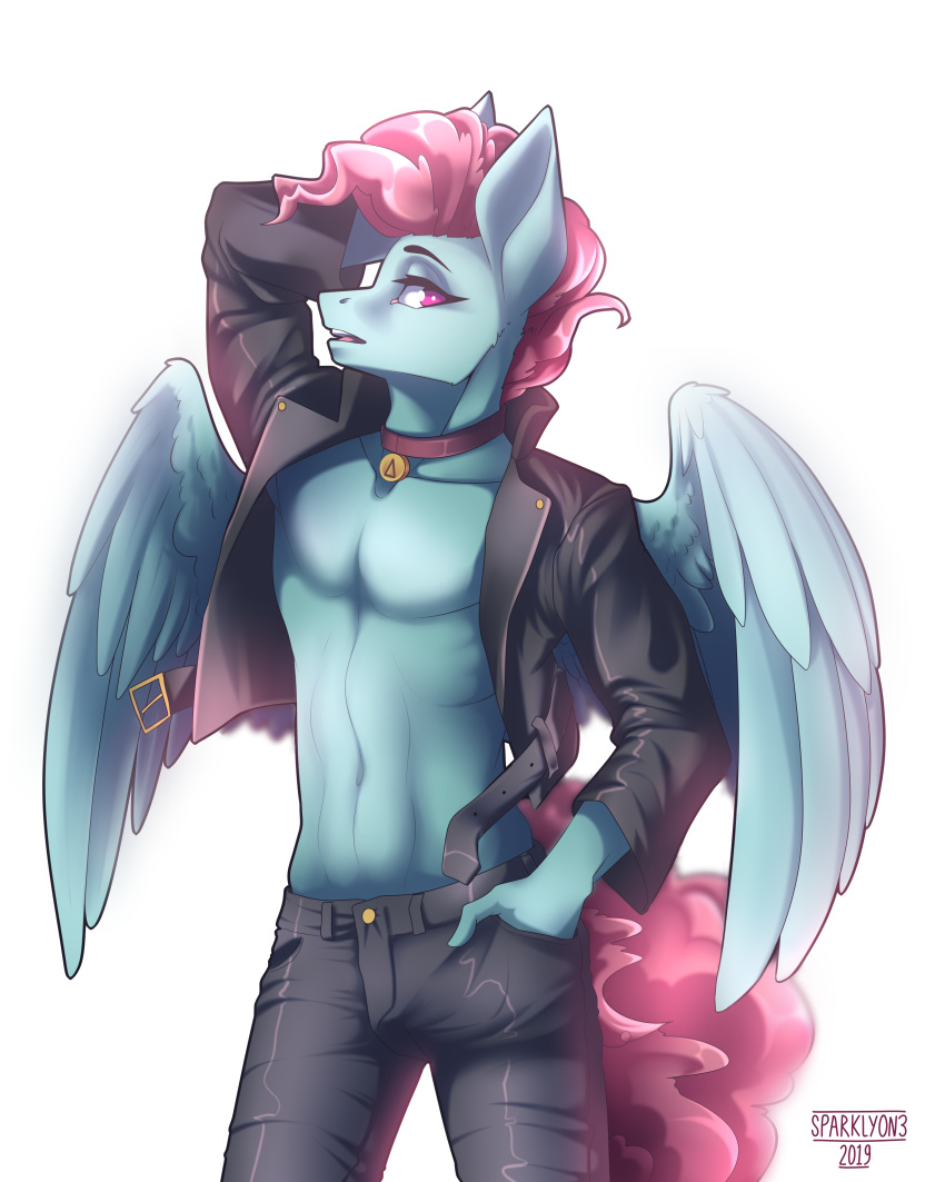 2019 4:5 absurd_res anthro bottomwear clothing collar collar_tag equid equine fan_character feathered_wings feathers fur green_body green_fur hasbro hi_res jacket leather leather_jacket leather_pants looking_at_viewer male mammal mane midriff my_little_pony open_mouth pants pegasus pink_mane pink_tail pinup pose simple_background solo sparklyon3 teal_feathers text topwear white_background wings