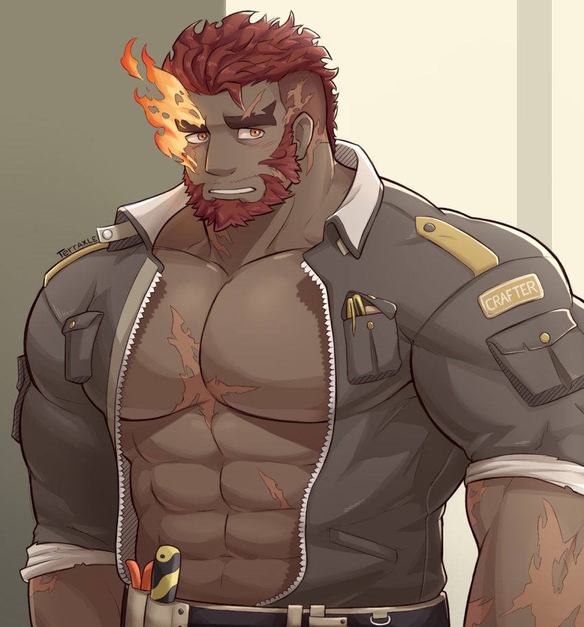 1boy abs bara blush chest facial_hair flaming_eye hephaestus_(tokyo_houkago_summoners) highres jacket looking_at_viewer male_focus manly muscle open_clothes open_jacket orange_eyes pectorals red_hair scar shirtless solo terraxle thick_eyebrows tokyo_houkago_summoners upper_body