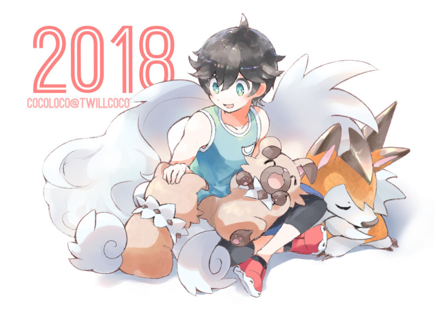 1boy aqua_tank_top artist_name bangs black_hair collarbone commentary_request crossed_legs dated gen_7_pokemon green_eyes kokoroko lycanroc lycanroc_(dusk) open_mouth petting pokemon pokemon_(creature) pokemon_(game) pokemon_usum red_footwear rockruff shiny shiny_hair shoes sitting sleeping tank_top tongue white_background you_(pokemon)