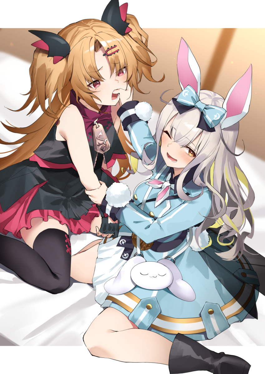 2girls ;d akatsuki_uni animal_bag animal_ears bag bangs bare_arms bare_shoulders bed_sheet black_dress black_footwear black_legwear blue_bow blue_dress blurry blurry_background blush boots bow breasts brown_eyes brown_hair bunny_ears commentary_request crossover depth_of_field dress eyebrows_visible_through_hair finger_in_another's_mouth frilled_dress frills grey_hair hair_between_eyes hair_bow hair_ornament hairclip highres indie_virtual_youtuber long_hair medium_breasts mochizuki_himari multiple_girls one_eye_closed open_mouth parted_bangs red_eyes shoulder_bag sitting sleeveless sleeveless_dress smile thighhighs two_side_up uni_channel very_long_hair virtual_youtuber wariza yuuuuu