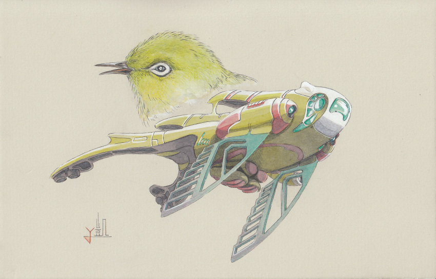 bird calligraphy_brush_(medium) gaimoon highres japanese_white-eye mecha mechanization no_humans original signature simple_background tan_background traditional_media watercolor_(medium)