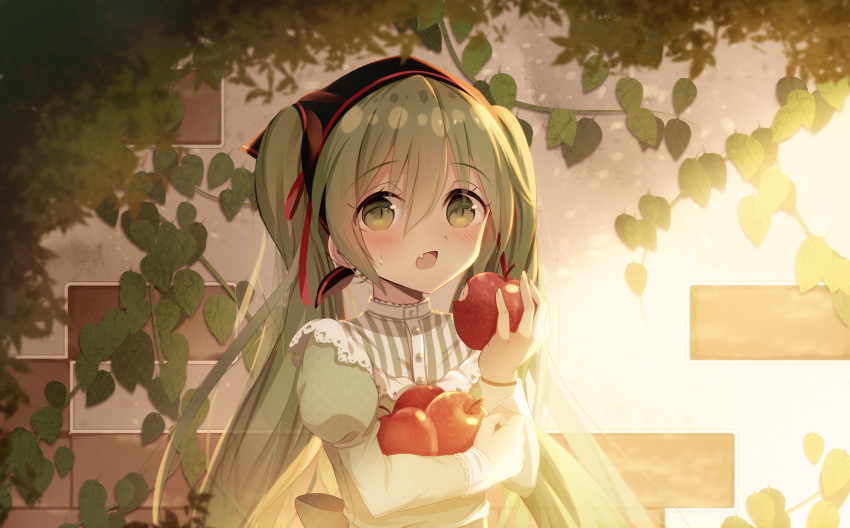 apple blush fang food fruit green_eyes green_hair hatsune_miku long_hair sakakidani twintails vocaloid