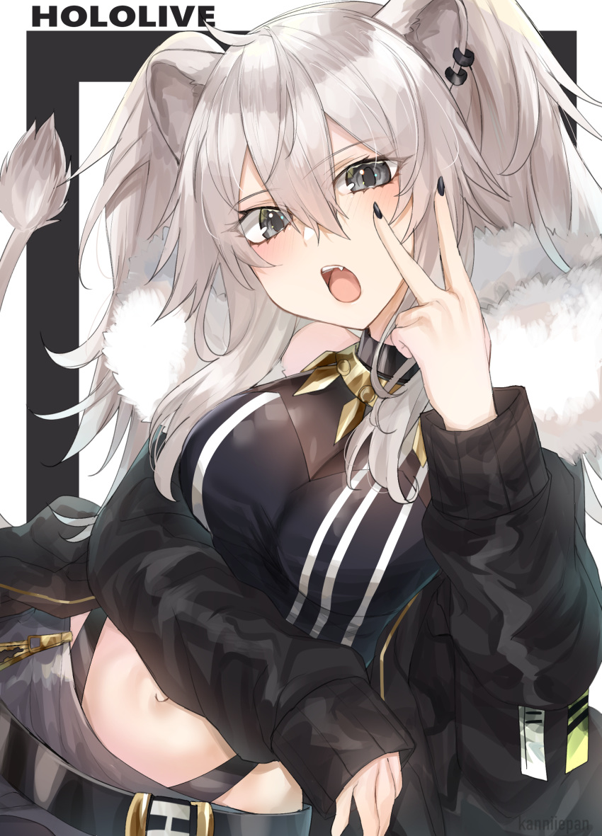 1girl :o absurdres ahoge animal_ears bare_shoulders belt black_jacket black_nails blush breasts cleavage copyright_name crop_top earrings fang fur-trimmed_jacket fur_trim grey_eyes grey_hair hair_between_eyes highleg highres hololive jacket jewelry kanniepan large_breasts lion_ears lion_tail long_hair looking_at_viewer midriff nail_polish navel necklace off-shoulder_jacket open_mouth shishiro_botan solo tail tail_raised upper_body v virtual_youtuber