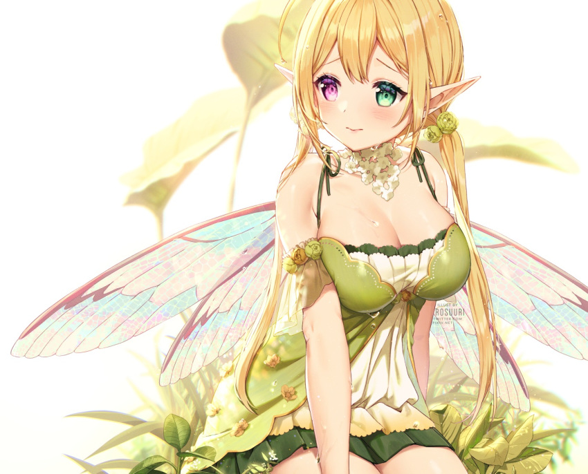 bicolored_eyes blonde_hair blush breasts choker cleavage cropped dress fairy leaves original pointed_ears rosuuri skirt twintails watermark wings