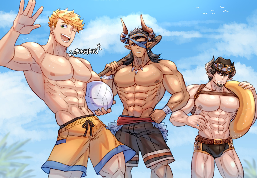 3boys abs alternate_costume bara barawa black_hair bulge chest closed_mouth dark_skin dark_skinned_male draph earrings eyepatch highres horns jewelry long_hair looking_at_viewer male_focus male_swimwear multiple_boys muscle nipples oneirio pectorals pointy_ears reinhardtzar shorts swim_briefs swimwear vane_(granblue_fantasy) volleyball