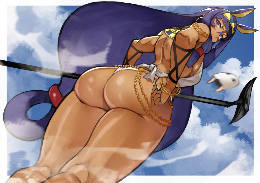 1girl absurdres animal_ears ass bangs bracelet breasts dark_skin earrings egyptian egyptian_clothes facepaint facial_mark fate/grand_order fate_(series) hairband highres holding holding_weapon hoop_earrings jackal_ears jewelry long_hair looking_at_viewer low-tied_long_hair medjed nitocris_(fate/grand_order) purple_eyes purple_hair sidelocks staff thighs usekh_collar very_long_hair weapon yoshio_(55level)